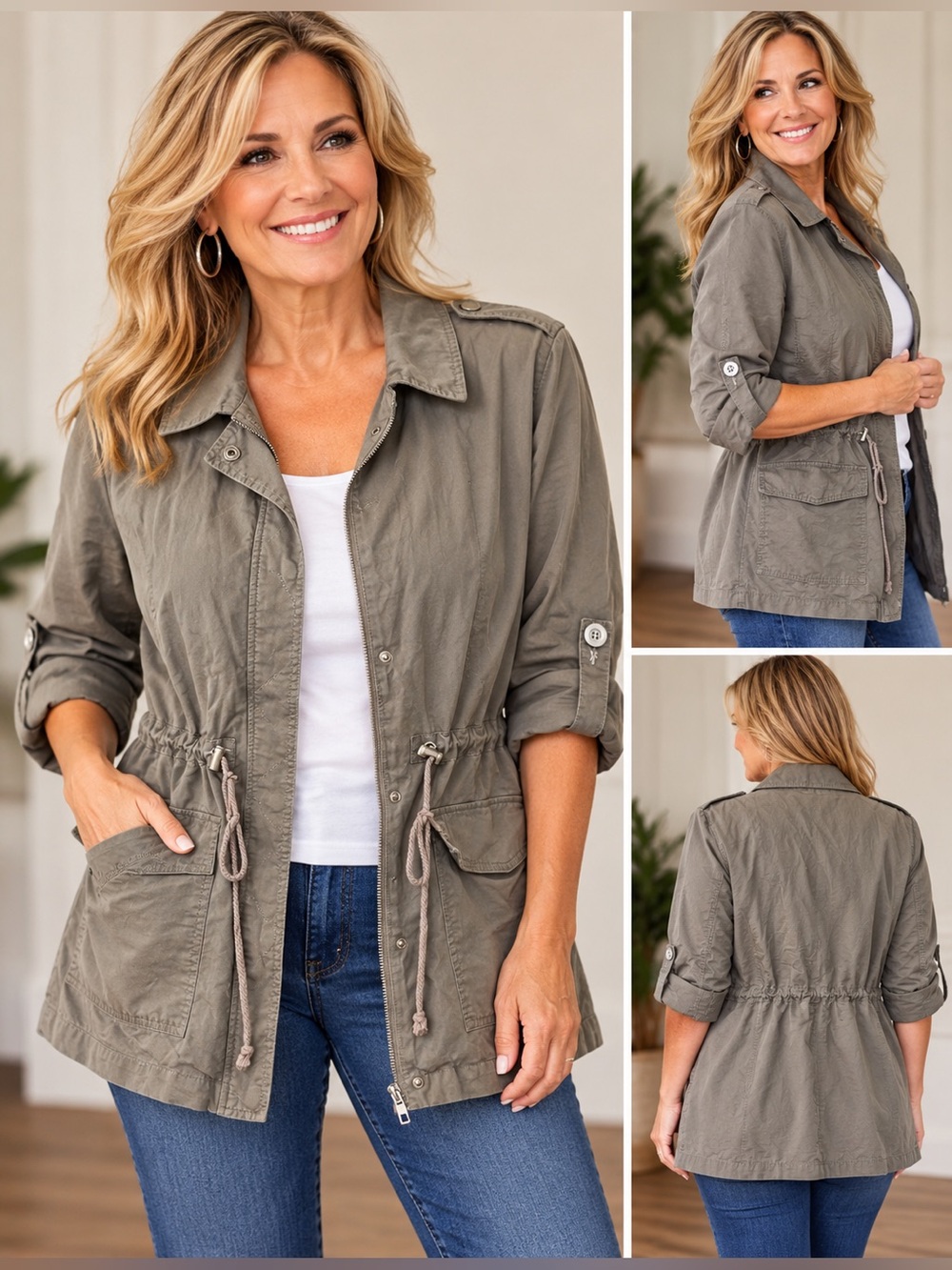 Skies Are Blue Size S Olive Gray Utility Jacket Drawstring Waist Cargo Safari